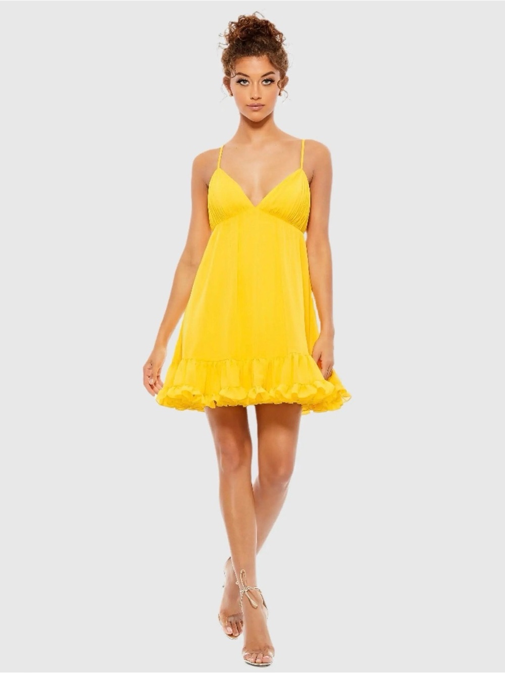 NWT IEENA MAC DUGGAL Yellow Ruffle-Hem Spaghetti Strap Mini Dress